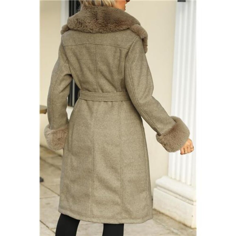 Women's Wool Pea Coat Faux Fur Jacket Winter Warm Parka Overcoat with Belt - Picture 5 of 8